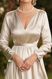 Champagne A Line Long Sleeve Satin Mother of the Bride Dress