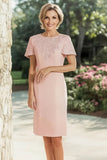 Pink Embroidered Knee Length Mother of the Bride Dress