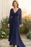 Navy Long Sleeve V-Neck Mother of the Bride Dress