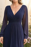 Navy Long Sleeve V-Neck Mother of the Bride Dress