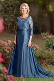 Blue A Line Round Neck Lace Mother of the Bride Dress