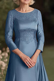 Dark Blue A Line Round Neck Long Mother of the Bride Dress With Lace