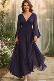 V-Neck Long Sleeve Pleated Navy Mother of the Bride Dress