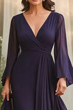 V-Neck Long Sleeve Pleated Navy Mother of the Bride Dress