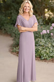 Purple Sheath V-Neck Long Mother of the Bride Dress