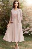 Pink A Line Tea-Length Mother of the Bride Dress With Lace