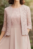 Pink A Line Tea-Length Mother of the Bride Dress With Lace