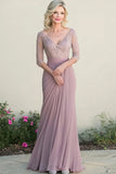 Grey Pink Mermaid V-Neck Long Mother of the Bride Dress With Lace