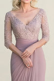 Grey Pink Mermaid V-Neck Long Mother of the Bride Dress With Lace