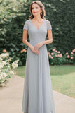 A Line V-Neck Lace Long Grey Mother of the Bride Dress