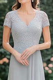 A Line V-Neck Lace Long Grey Mother of the Bride Dress