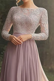 Grey Pink A Line Lace Long Sleeve Mother of the Bride Dress