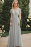 V-Neck Lace Long Grey Mother of the Bride Dress