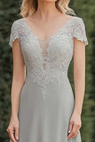 V-Neck Lace Long Grey Mother of the Bride Dress