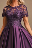 Purple A Line Round Neck Mother of the Bride Dress With Lace