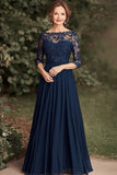 Navy Lace A Line Boat Neck Long Mother of the Bride Dress