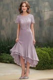 Purple Round Neck Ruffled Lace Mother of the Bride Dress