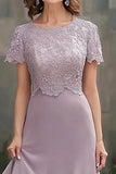 Purple Round Neck Ruffled Lace Mother of the Bride Dress