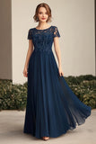 A Line Lace Cap Sleeve Long Navy Mother of the Bride Dress