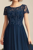 A Line Lace Cap Sleeve Long Navy Mother of the Bride Dress