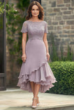 Purple Boat Neck Tea-Length Lace Mother of the Bride Dress