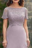 Purple Boat Neck Tea-Length Lace Mother of the Bride Dress