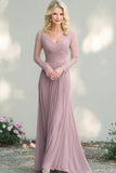 Grey Pink Long Sleeve V-Neck Lace Mother of the Bride Dress