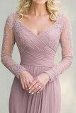 Grey Pink Long Sleeve V-Neck Lace Mother of the Bride Dress