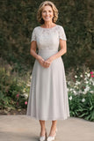 Light Grey A Line Lace Tea-Length Mother of the Bride Dress