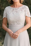 Light Grey A Line Lace Tea-Length Mother of the Bride Dress