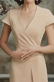 V-Neck Cap Sleeve Midi Champagne Mother of the Bride Dress