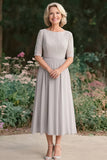 A Line Lace Half Sleeve Light Grey Mother of the Bride Dress