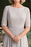 A Line Lace Half Sleeve Light Grey Mother of the Bride Dress