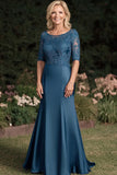 Dark Blue Mermaid Round Neck Long Lace Mother of the Bride Dress