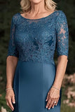 Dark Blue Mermaid Round Neck Long Lace Mother of the Bride Dress