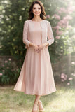 A Line Tea-Length Pink Mother of the Bride Dress With Lace