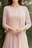 A Line Tea-Length Pink Mother of the Bride Dress With Lace