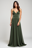 Olive A Line Satin V Neck Long Formal Dress