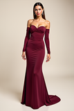 Burgundy Mermaid Off the Shoulder Formal Dress with Long Sleeves