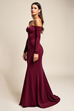 Burgundy Mermaid Off the Shoulder Formal Dress with Long Sleeves