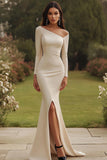 Ivory One Shoulder Mermaid Long Sleeve Formal Dress with Slit