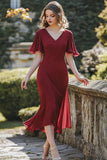 Burgundy V-Neck Mermaid Tea-Length Wedding Guest Dress