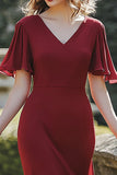 Burgundy V-Neck Mermaid Tea-Length Wedding Guest Dress