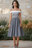 Off The Shoulder A Line Lace Grey Midi Mother of the Bride Dress