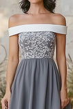 Off The Shoulder A Line Lace Grey Midi Mother of the Bride Dress