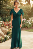 Dark Green V-Neck Long Mother of the Bride Dress with Flutter Sleeves