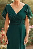 Dark Green V-Neck Long Mother of the Bride Dress with Flutter Sleeves