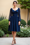 Long Sleeve Navy A Line Ruched Midi Wedding Guest Dress