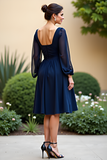 Long Sleeve Navy A Line Ruched Midi Wedding Guest Dress