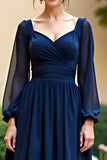 Long Sleeve Navy A Line Ruched Midi Wedding Guest Dress